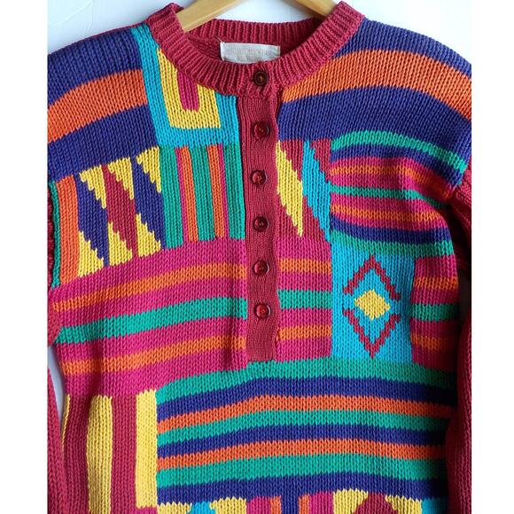Vtg John Henry Pink Sweater Women Medium Geometric Multicolor Y2K Ramie Button - Picture 2 of 11